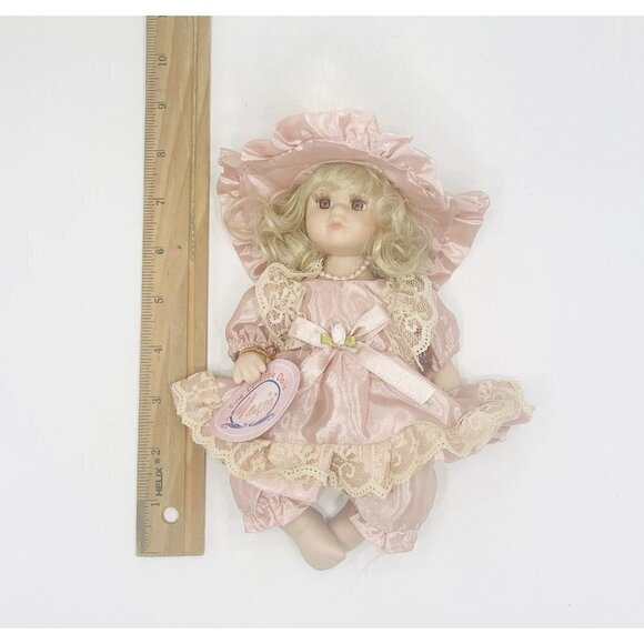 Menie Porcelain Doll 8” Blonde Brown Eyes Satin Pink Dress Lace Hat Dusty Rose - Picture 8 of 8